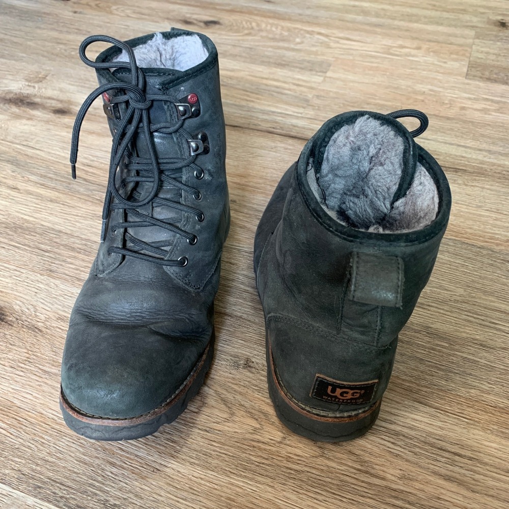 UGG Hannen Waterproof Black Leather Lace Up Boots Wool Lined - Mens 9